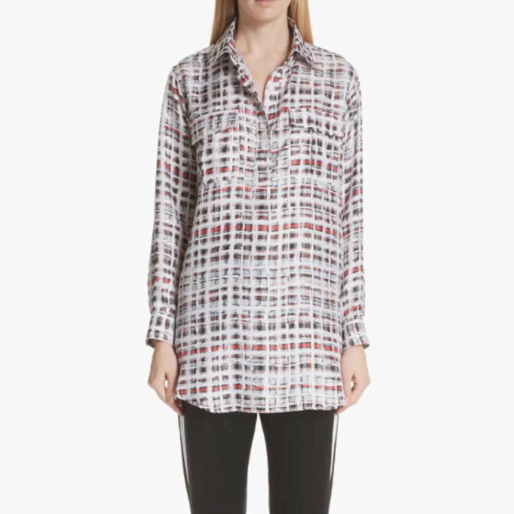 Burberry | Size 10 | Sirena Scribble Check Silk Tunic with Long Sleeves